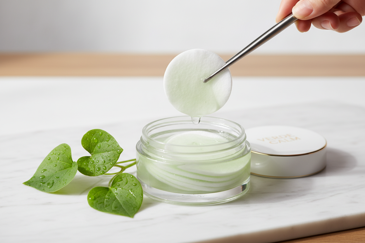 Pre-soaked calming pads with heartleaf extract that provide targeted relief for irritated or blemish-prone areas. The gentle formula soothes redness and inflammation while helping to restore skin balance